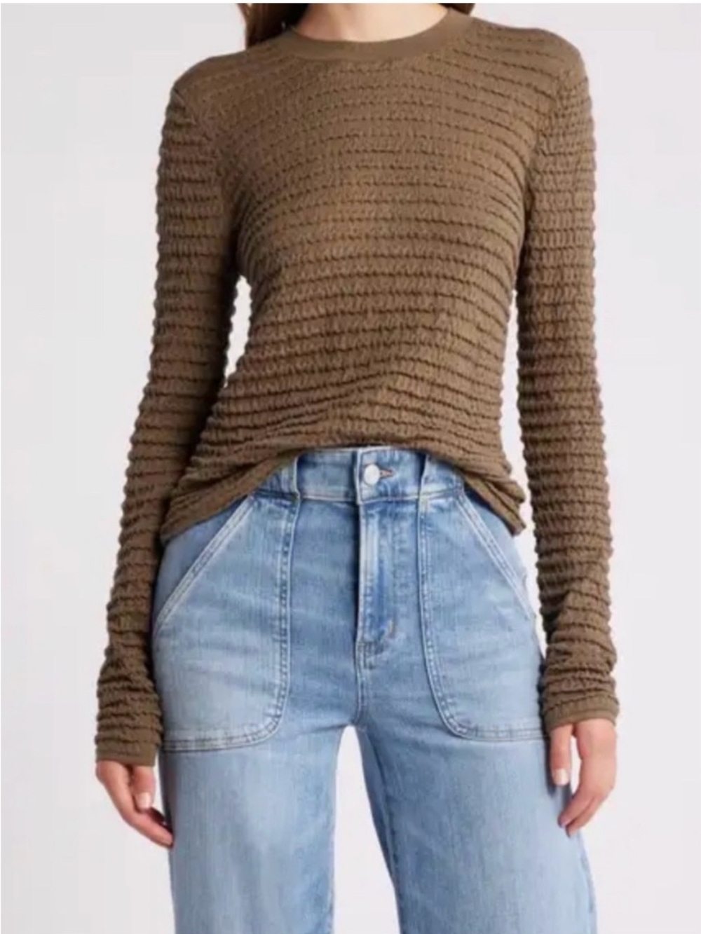 FRAME Olive Green Textured Ribbed Knit Top Small